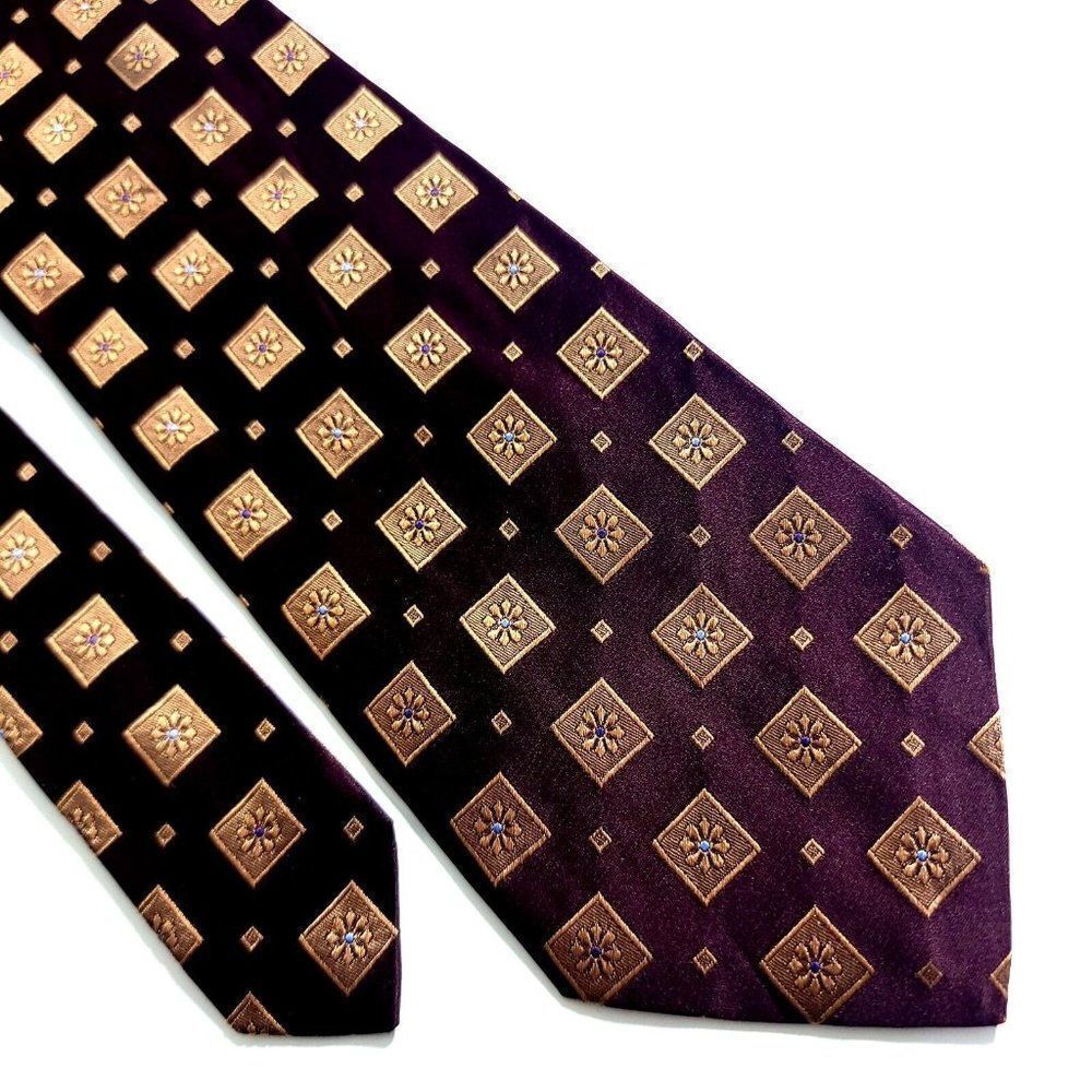 Joseph Abboud Woven Maroon Red Tan‎ Floral Geometric Wide Silk Tie
